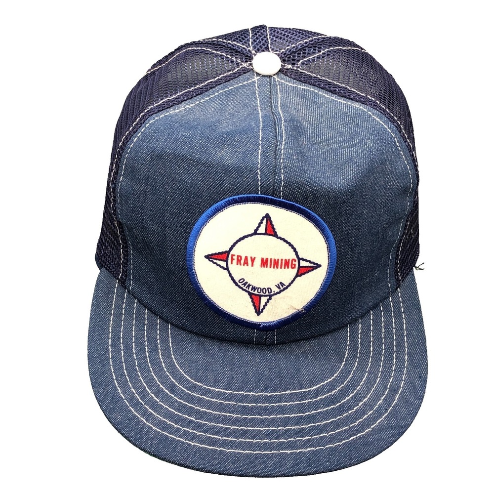 Vintage Denim Trucker Hat Cap Mesh 80s Made In USA Fray Coal Mine Mining 80s